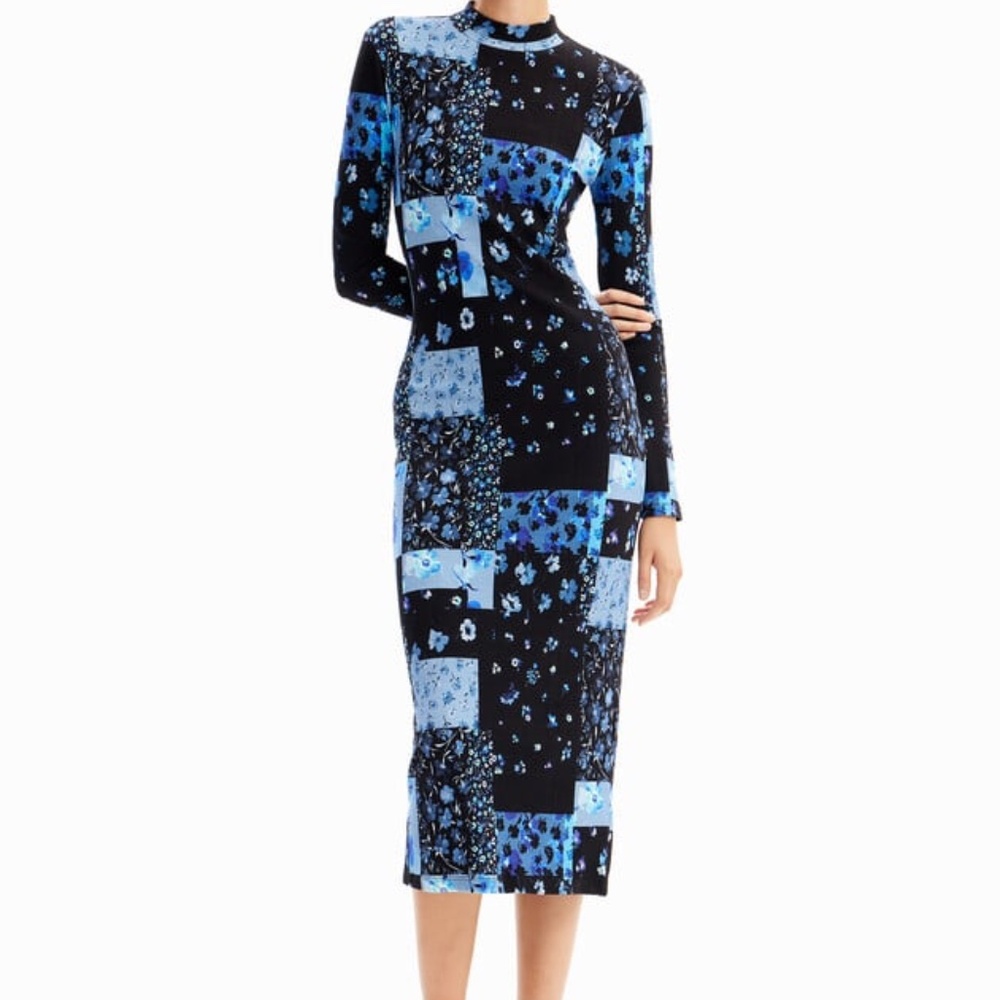 DESIGUAL FLORAL RIBBED MIDI DRESS